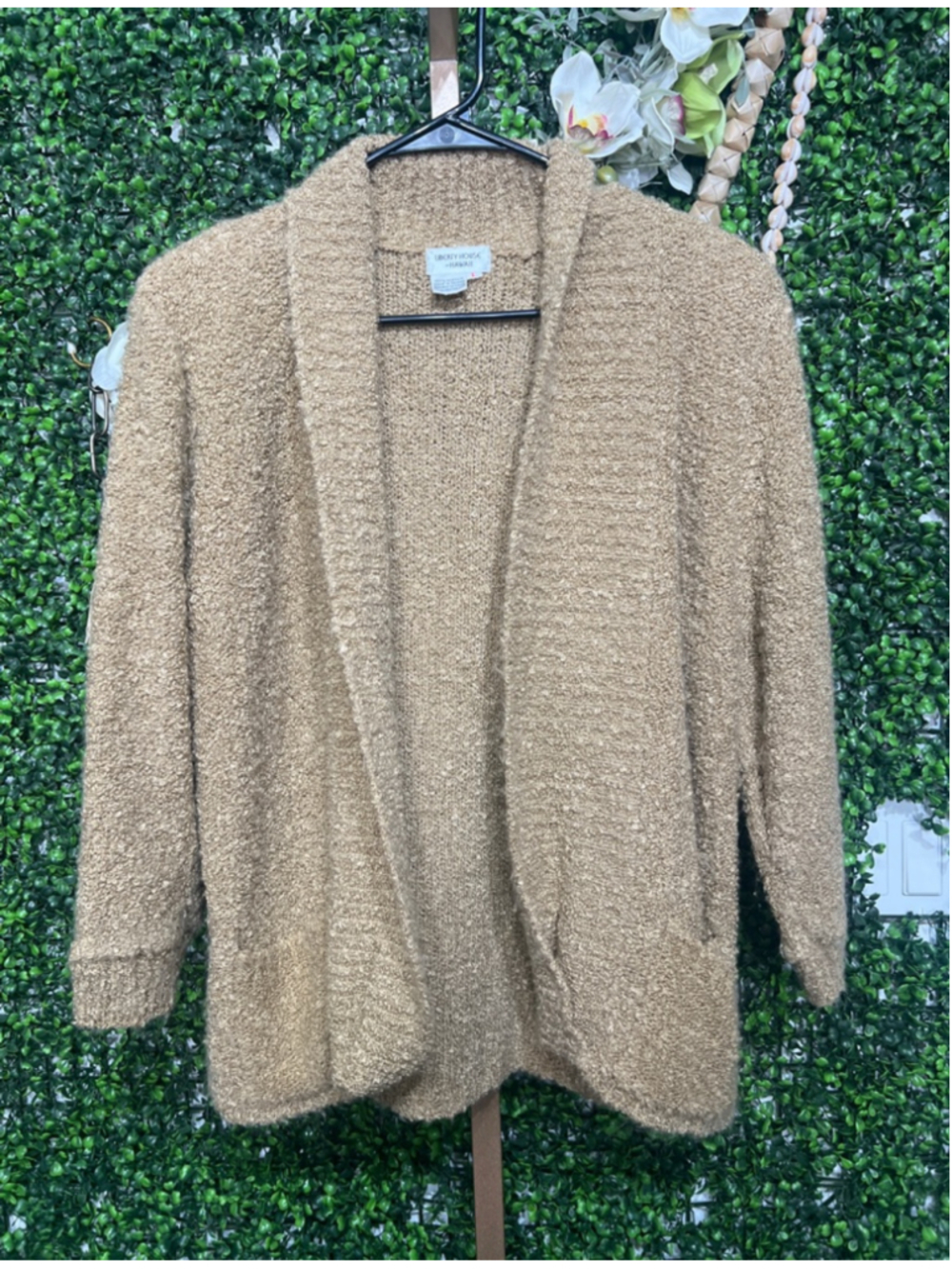 Vintage 60s Liberty House Hawaii Knit Cardigan Beige Open Concept Sweater size L
